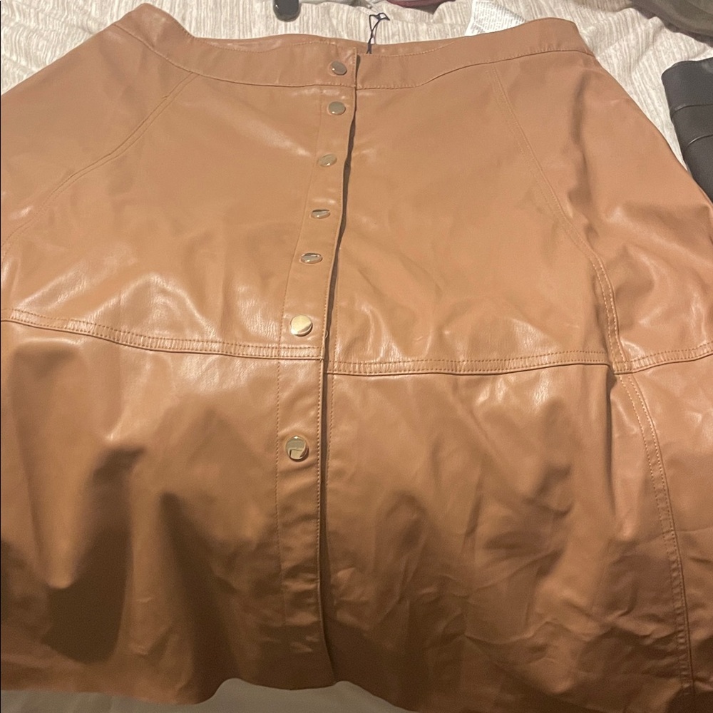 Zara Button-Front A-Line Faux Leather Skirt in Cognac Brown